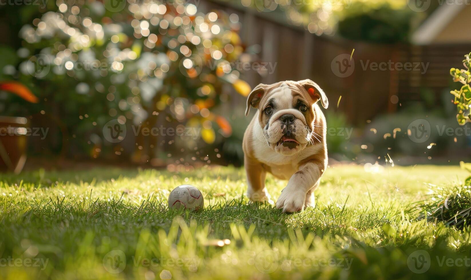 ai generato giocoso bulldog cucciolo chasing un' palla nel un' Giardino dietro la casa giardino foto