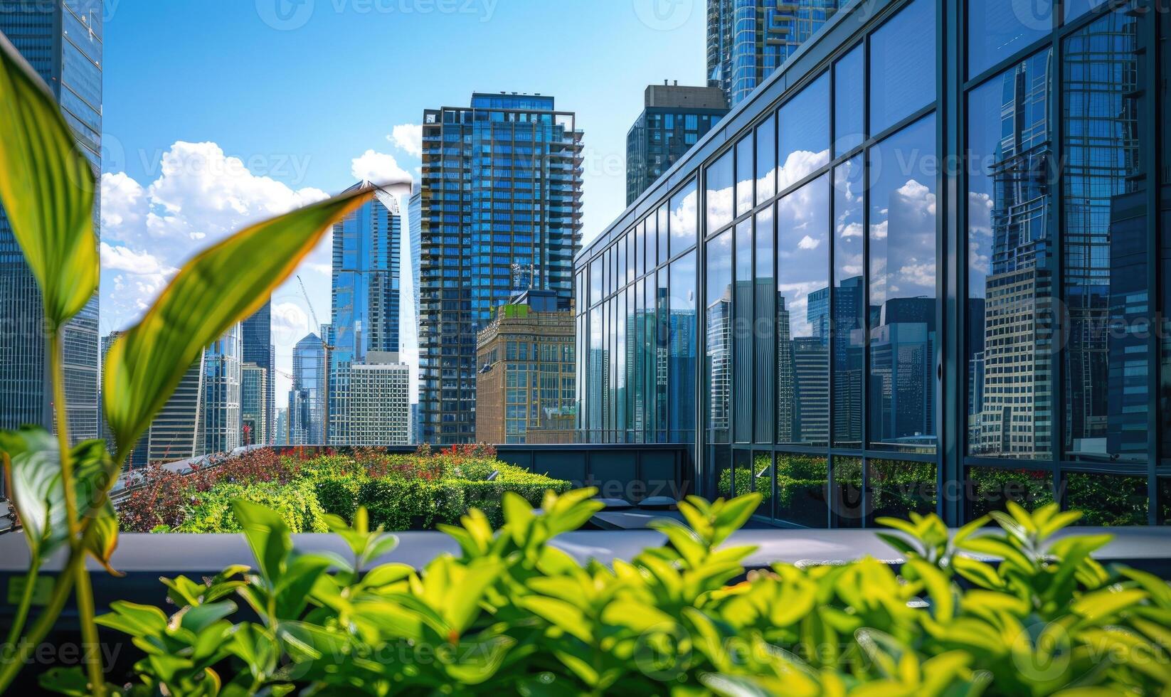 ai generato urbano tetto giardino. moderno grattacieli, Visualizza a partire dal un' terrazza. foto