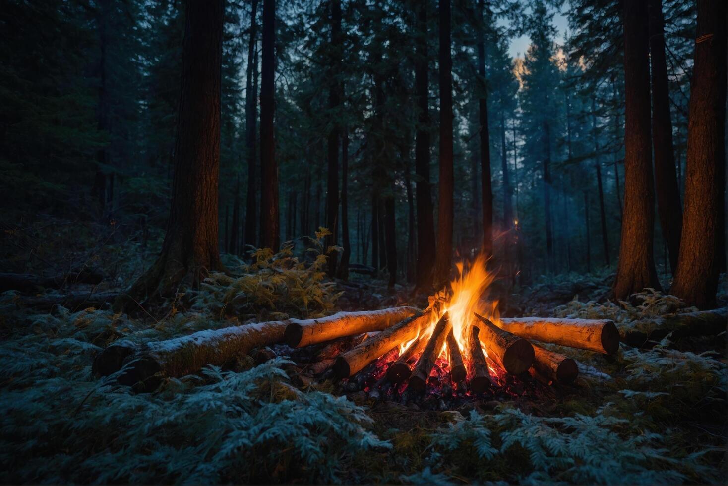 ai generato falò nel il notte foresta foto