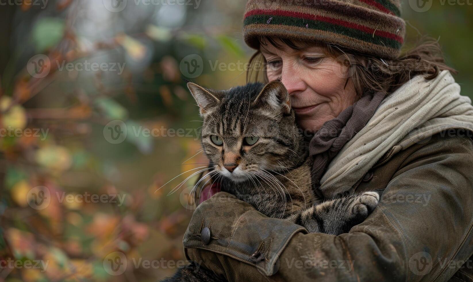 ai generato anziano donna abbracciare gatto nel parco. abbandonato animali, umano e animale domestico. foto