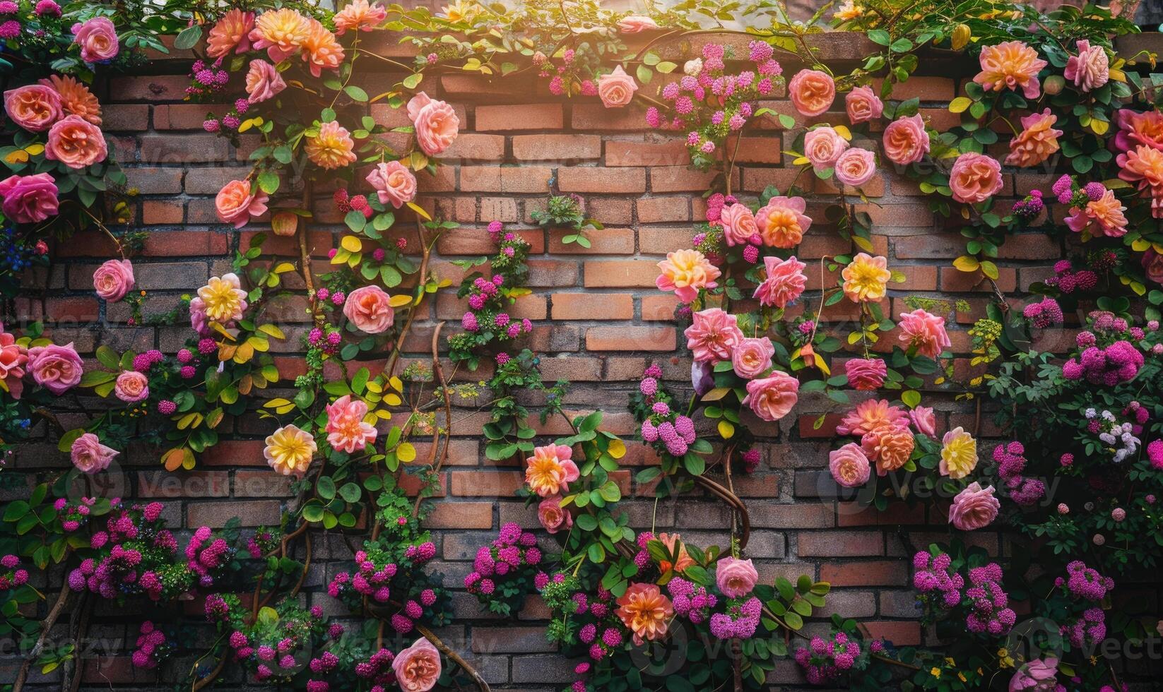 ai generato bellissimo Rose su mattone parete sfondo con copia spazio. foto