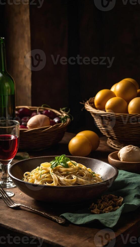 ai generato pasta con carne, verdure e vino foto