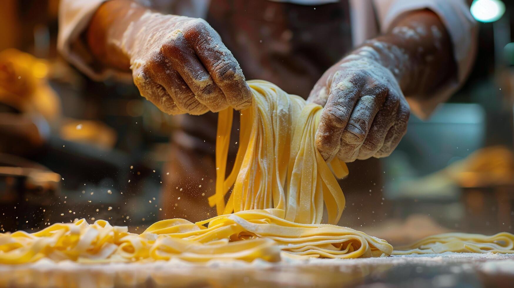 ai generato capocuoco aspersione pasta su tavolo foto