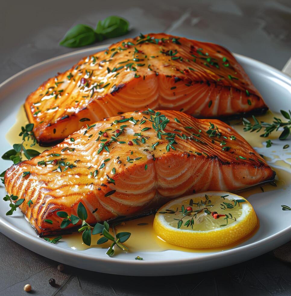 ai generato Due pezzi di salmone con Limone cunei su piatto foto