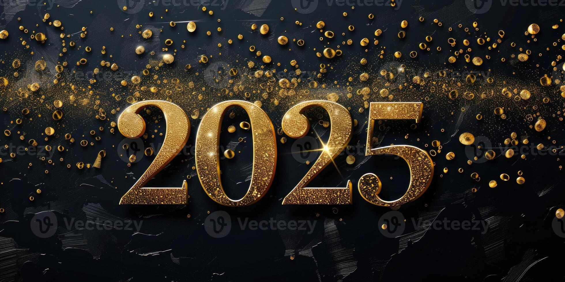 ai generato oro numeri 2025 su un' nero lusso sfondo con oro schizzi. nuovo anno bandiera foto