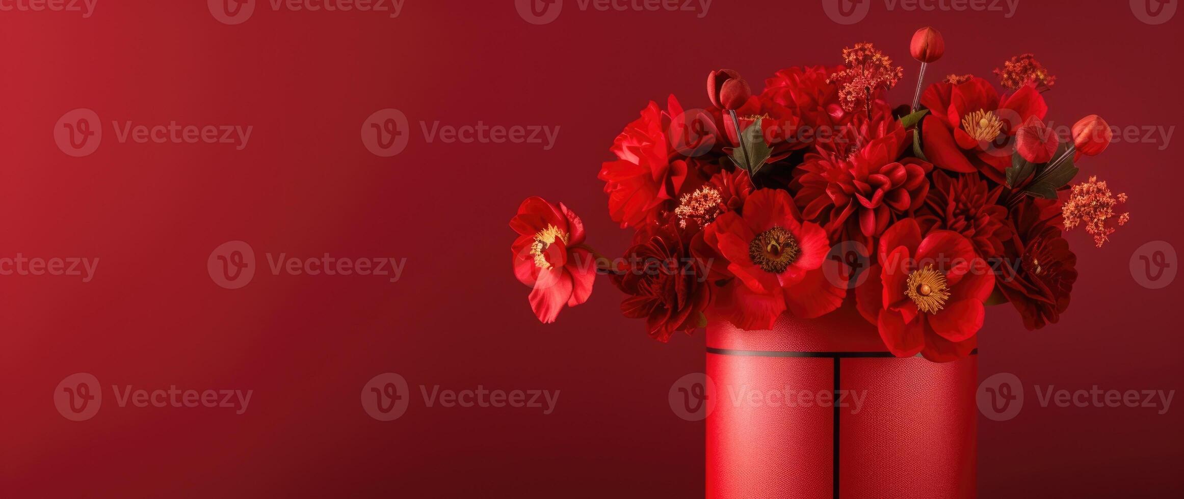 ai generato mazzo di rosso papaveri nel un' rosso lusso vaso su un vuoto rosso sfondo con copia spazio foto