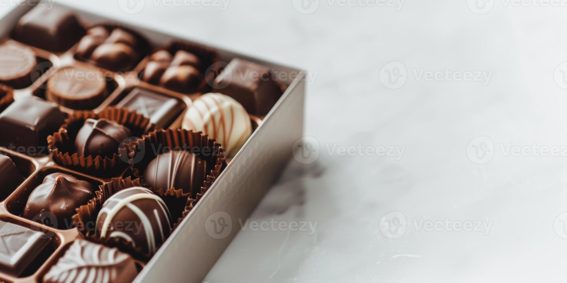 ai generato scatola di cioccolato assortito dolci su un' leggero sfondo con copia spazio. vacanza concetto foto