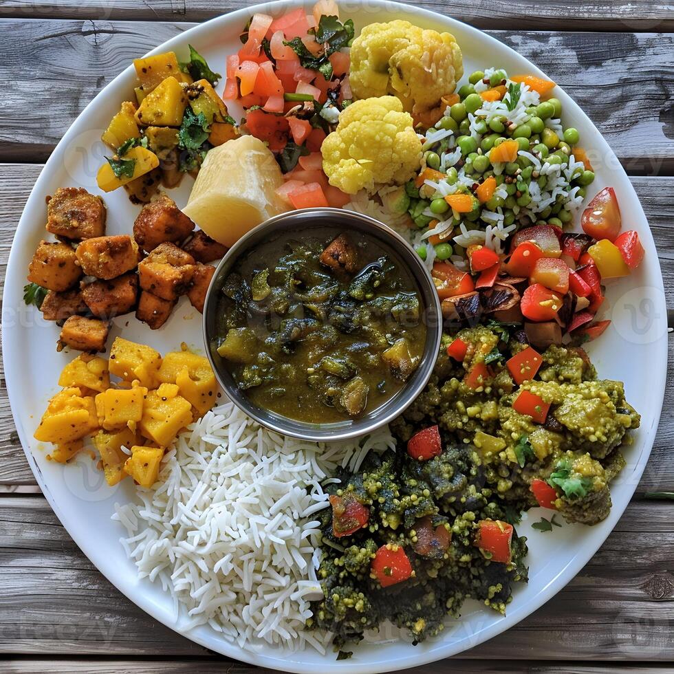 ai generato veg thali diversità su un' piatto foto