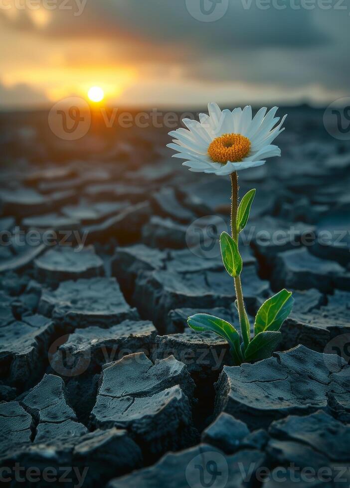 ai generato solitario margherita cresce nel secco su vuoto campo. globale riscaldamento ambientale disastro foto