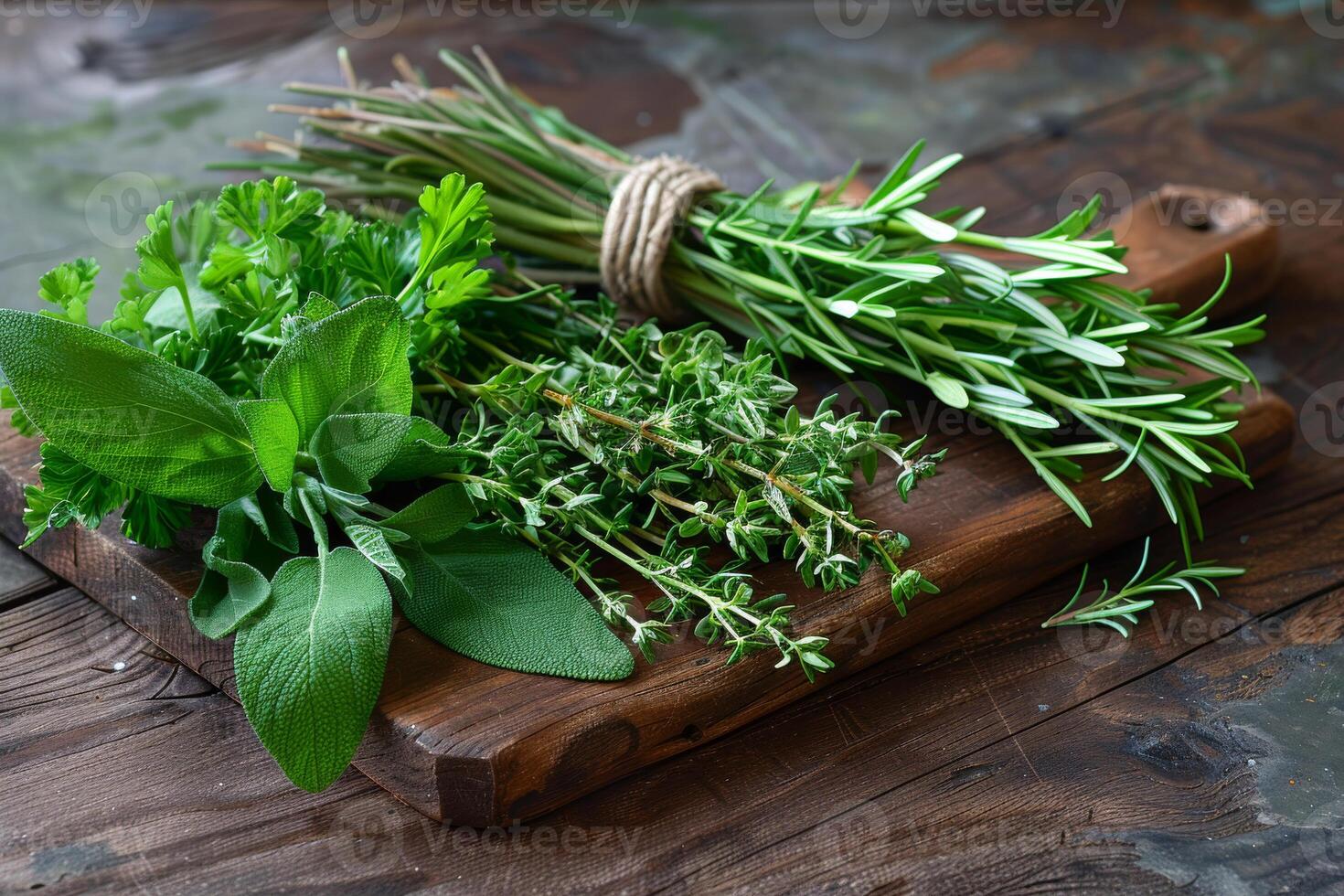 ai generato fresco erbe aromatiche su di legno taglio tavola foto