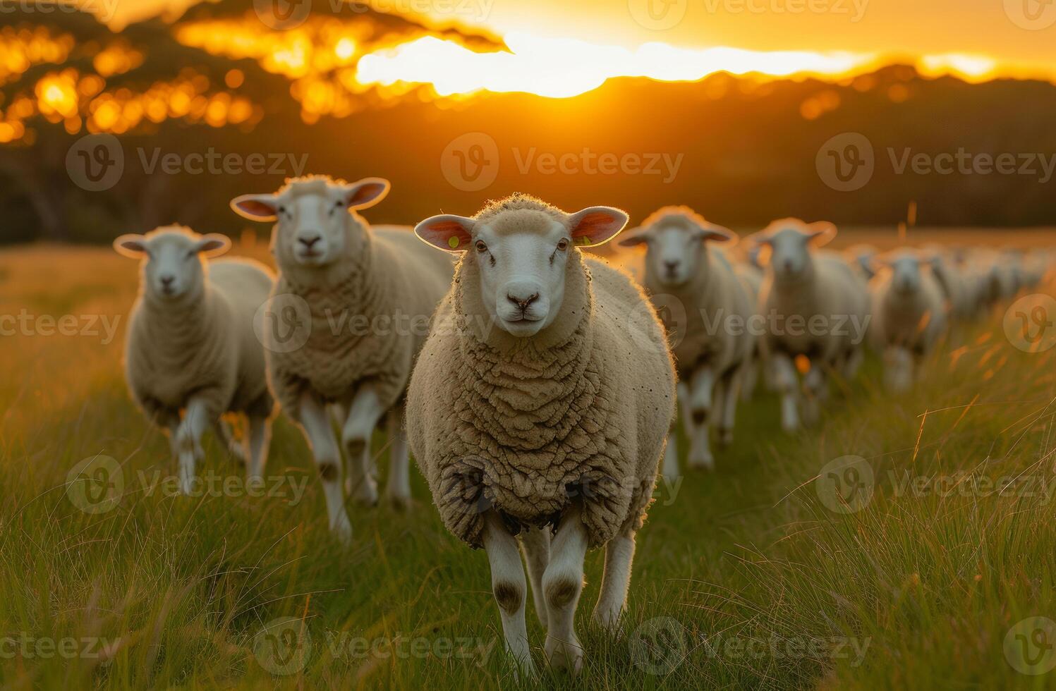 ai generato piccolo mob di pecora in esecuzione attraverso erboso campo a tramonto. molti pecora a piedi nel un' erboso campo foto