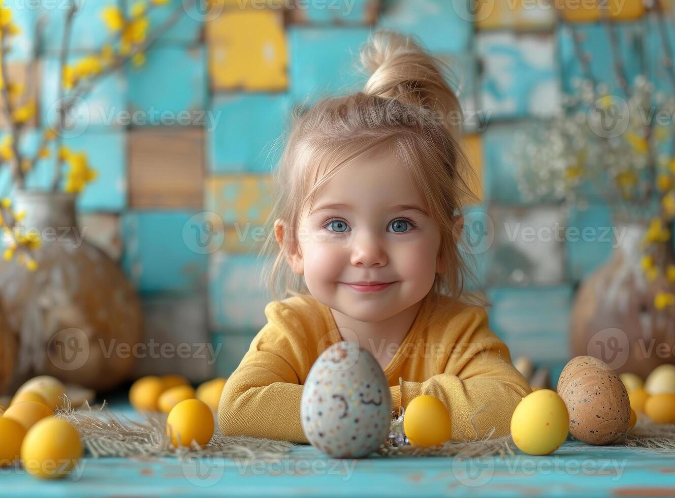 ai generato poco ragazza è seduta a tavolo con Pasqua uova. foto