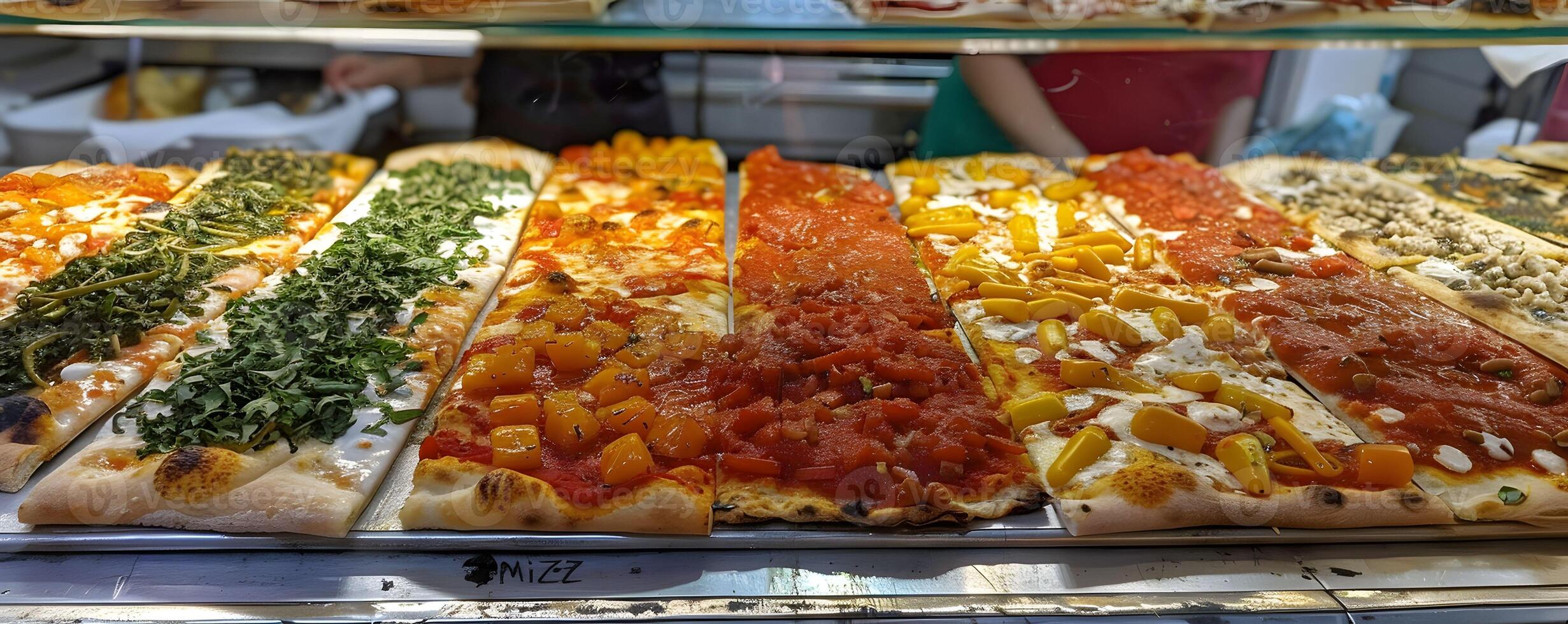 ai generato Pizza al taglio romano strada cibo foto