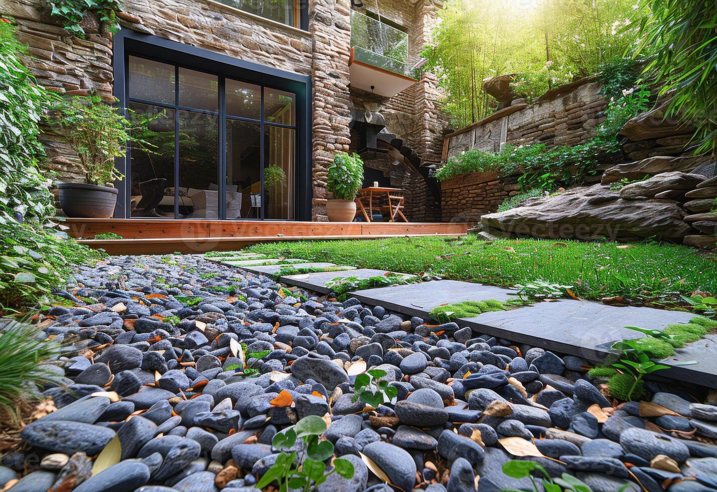 ai generato moderno Casa con giardino e terrazza con prato e pietra passerella foto