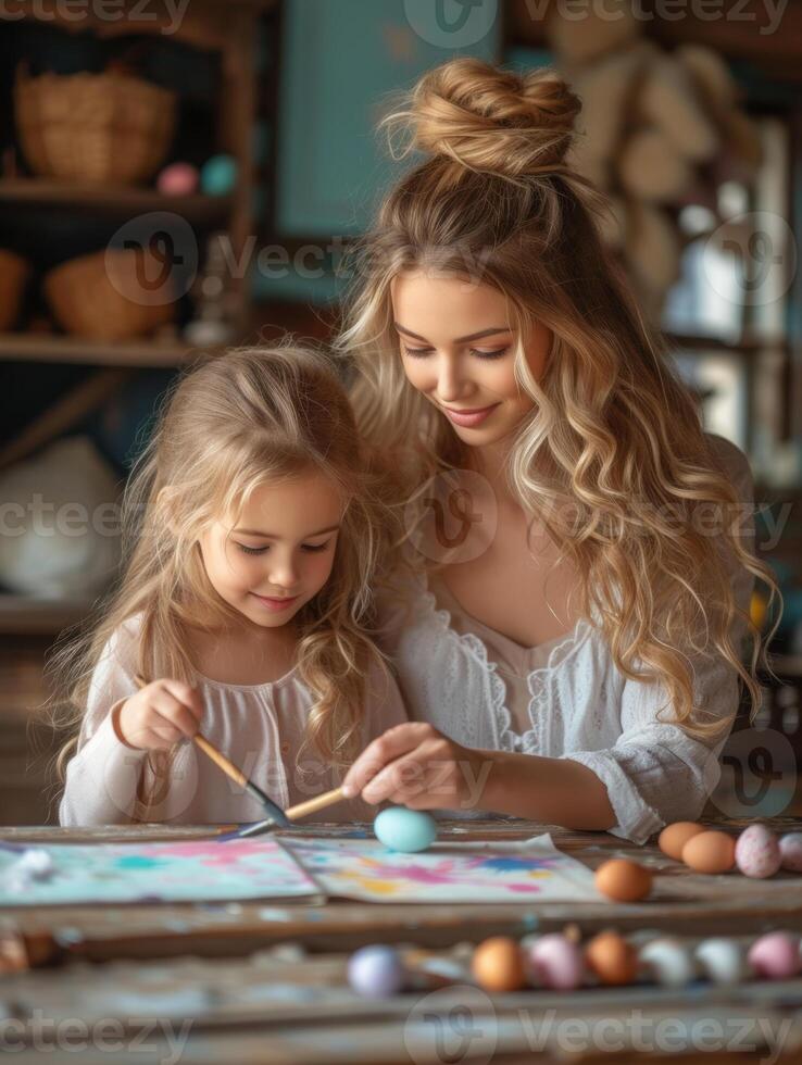 ai generato contento madre e figlia pittura Pasqua uova nel il camera foto