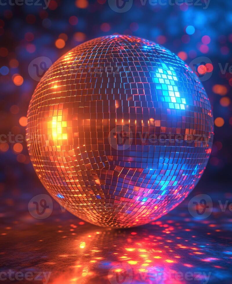 ai generato mirrorball. brillante discoteca palla su il pavimento con colorato riflessi foto