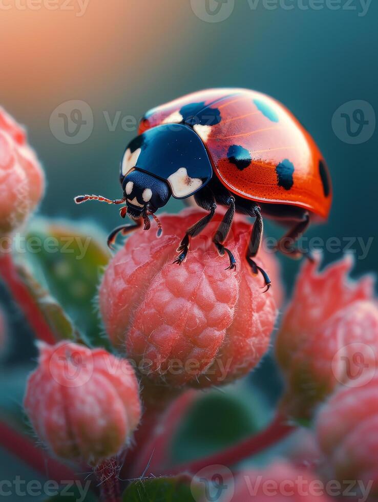 ai generato coccinella su fiore. un' bellissimo signora insetto nel il giardino foto