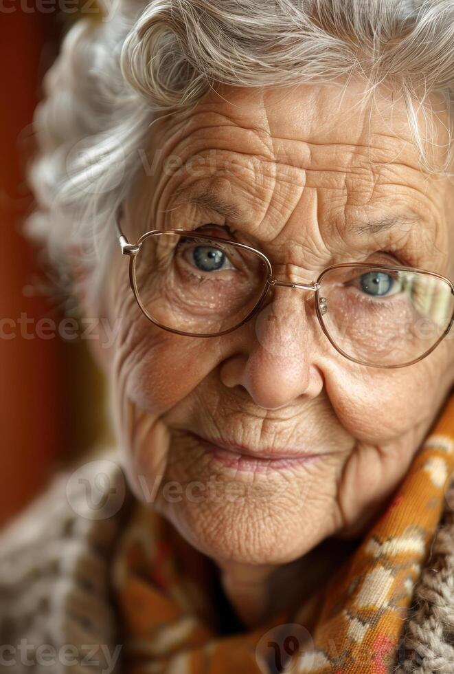 ai generato ritratto di anziano donna con bicchieri foto