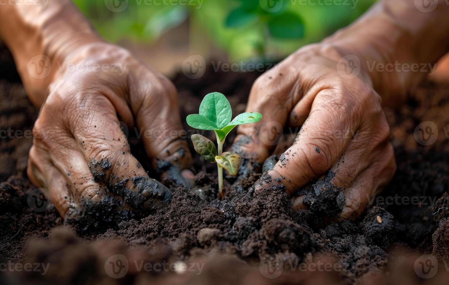 ai generato agricoltori mani piantare il piantine in il suolo foto