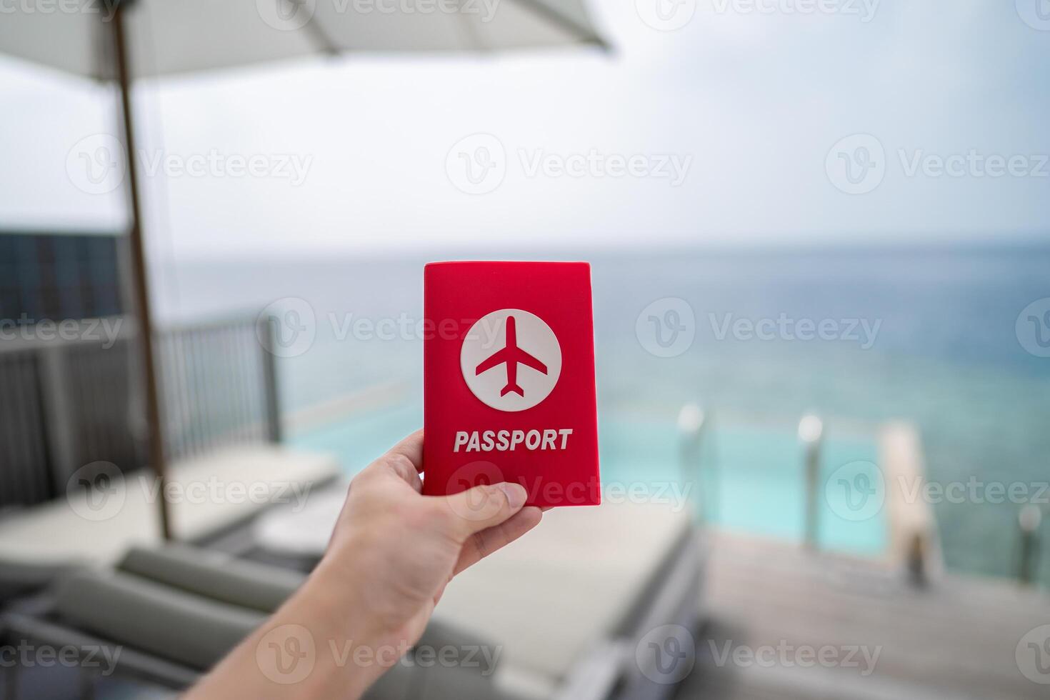 mano Tenere passaporto con mare Visualizza sfondo. foto