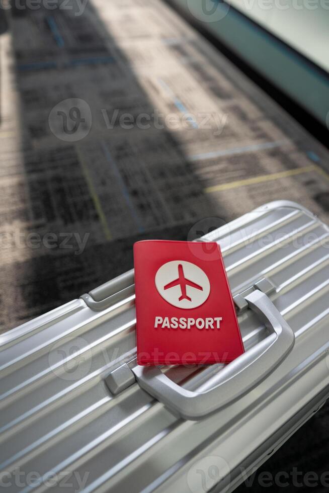 mano Tenere passaporto a il aeroporto a imbarco cancello. foto