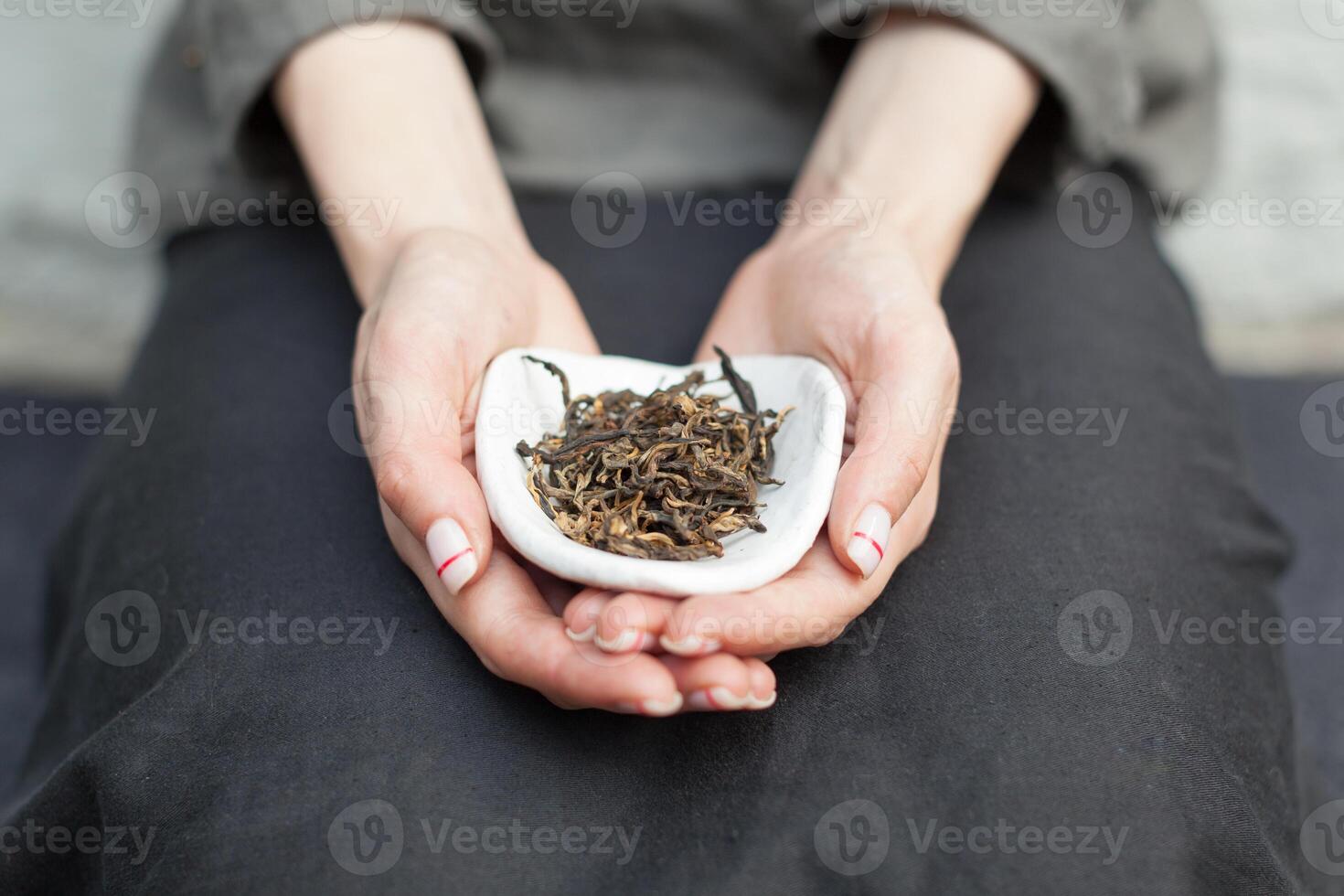chah con nero tè per Cinese tè potabile nel il mani di il maestro. tradizionale Cinese tè potabile cerimonia. foto