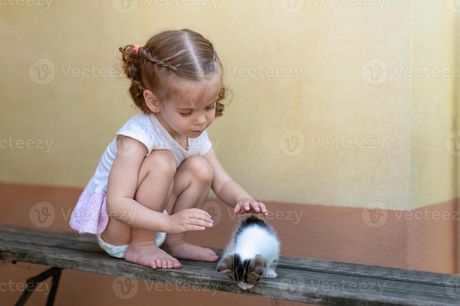 poco caucasico ragazza giocando su un' estate giorno con un' poco gattino foto
