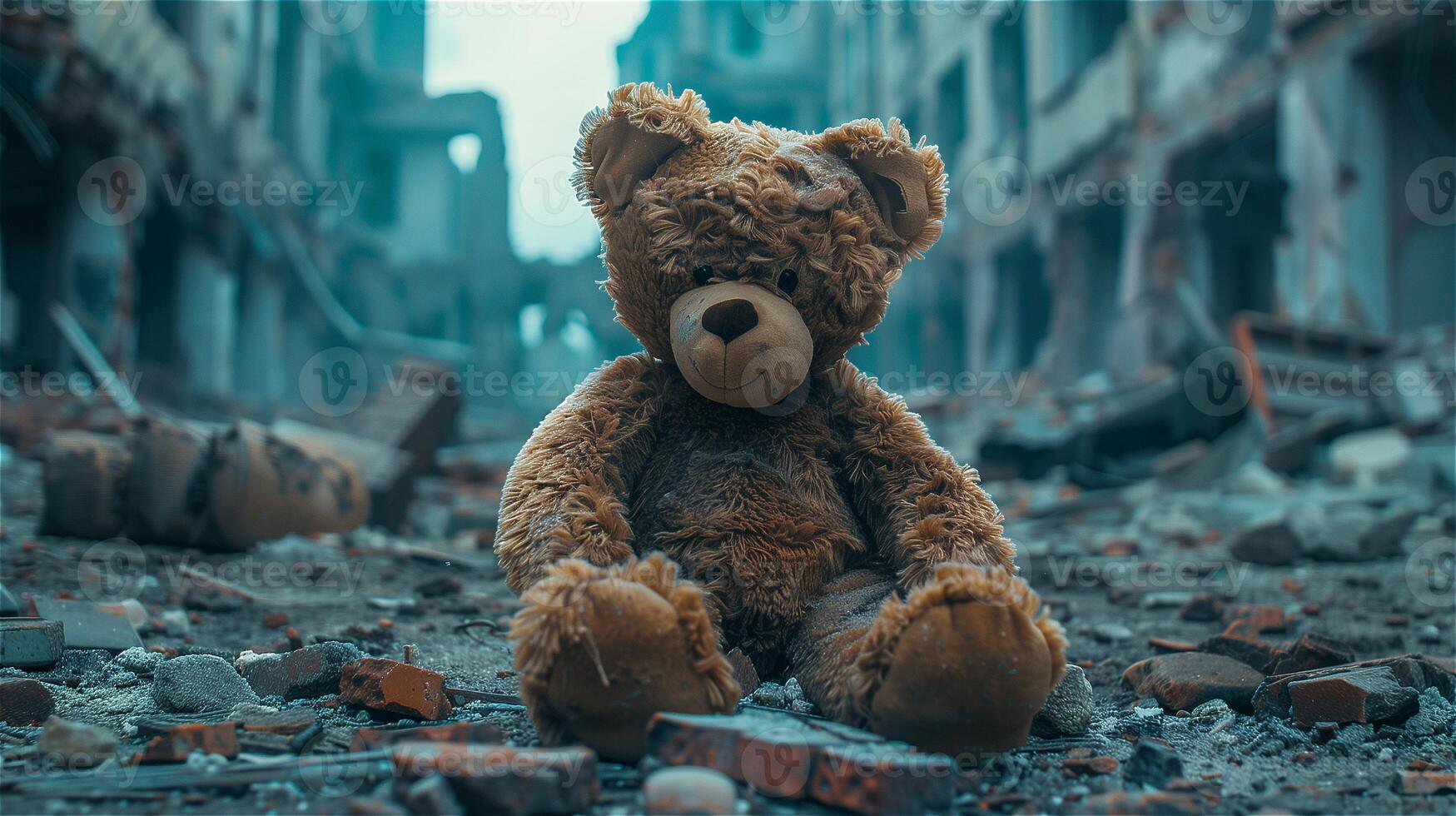 ai generato scartato orsacchiotto orso contro il sfondo di un' distrutto città foto