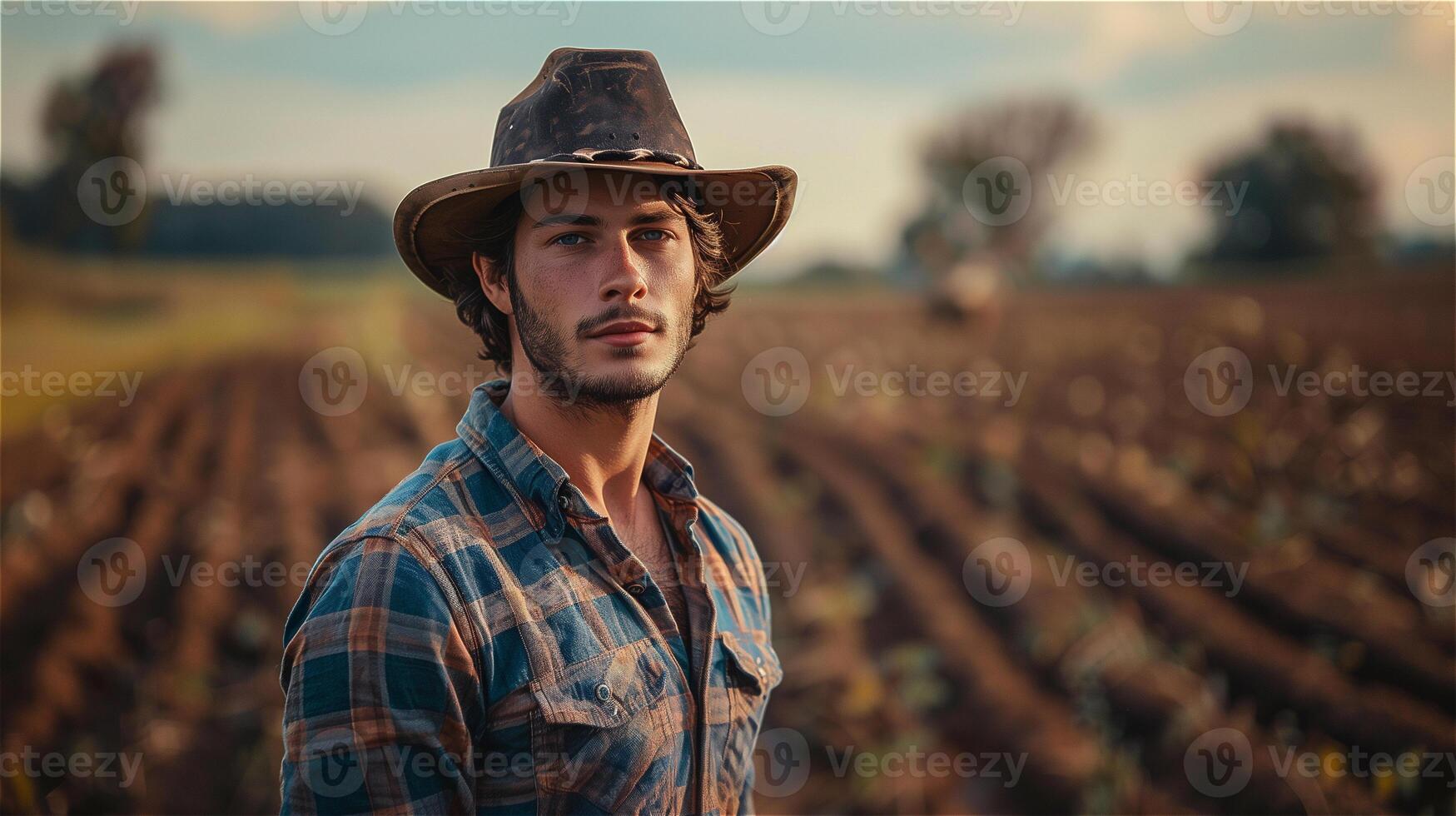 ai generato bello giovane uomo contadino con azienda agricola sfondo foto