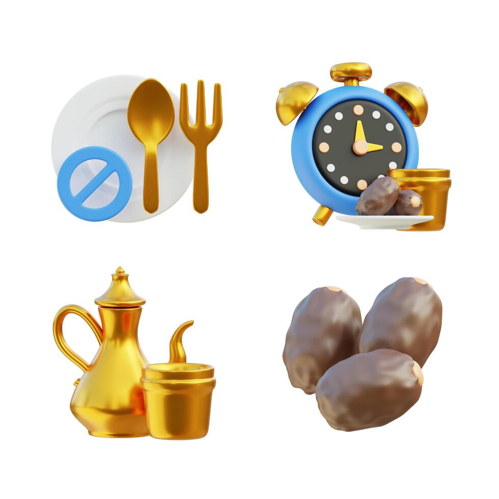 3d Ramadan icone isolato bianca sfondo, 3d rendering, musulmano icone, Kurma, iftar, cucchiaio, forchetta, teiera, bicchiere foto