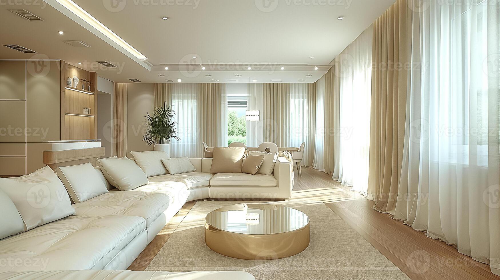 ai generato moderno vivente camera design con bianca pelle divani, beige tende, bicchiere e oro caffè tavolo e leggero di legno parquet foto