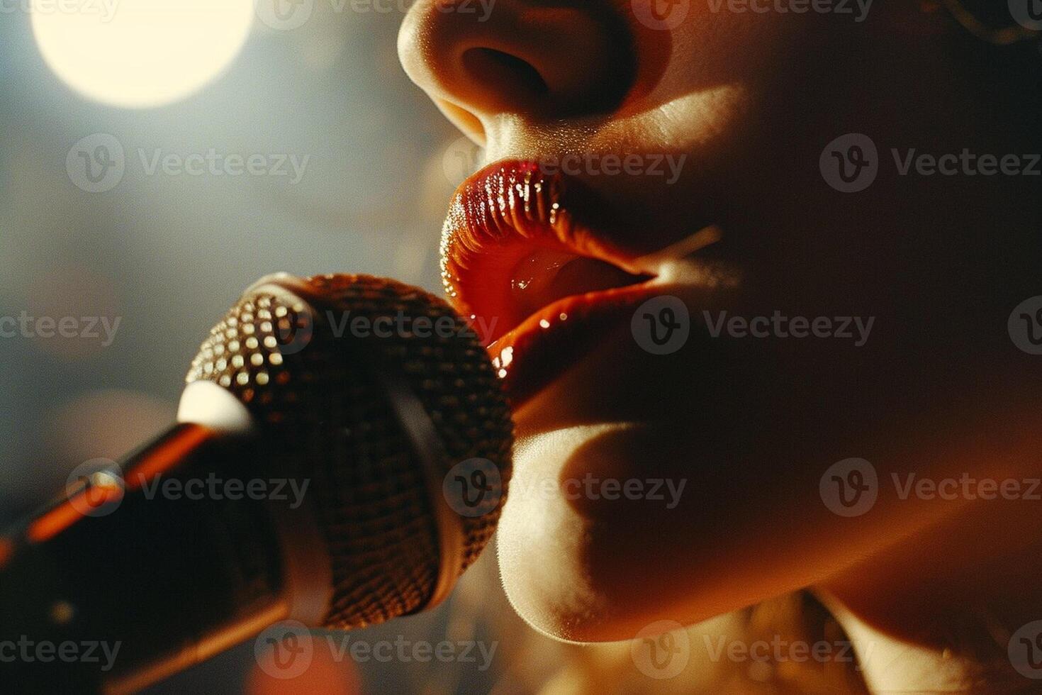 ai generato un' donna è cantando in un' microfono con Fumo In arrivo su di sua bocca foto