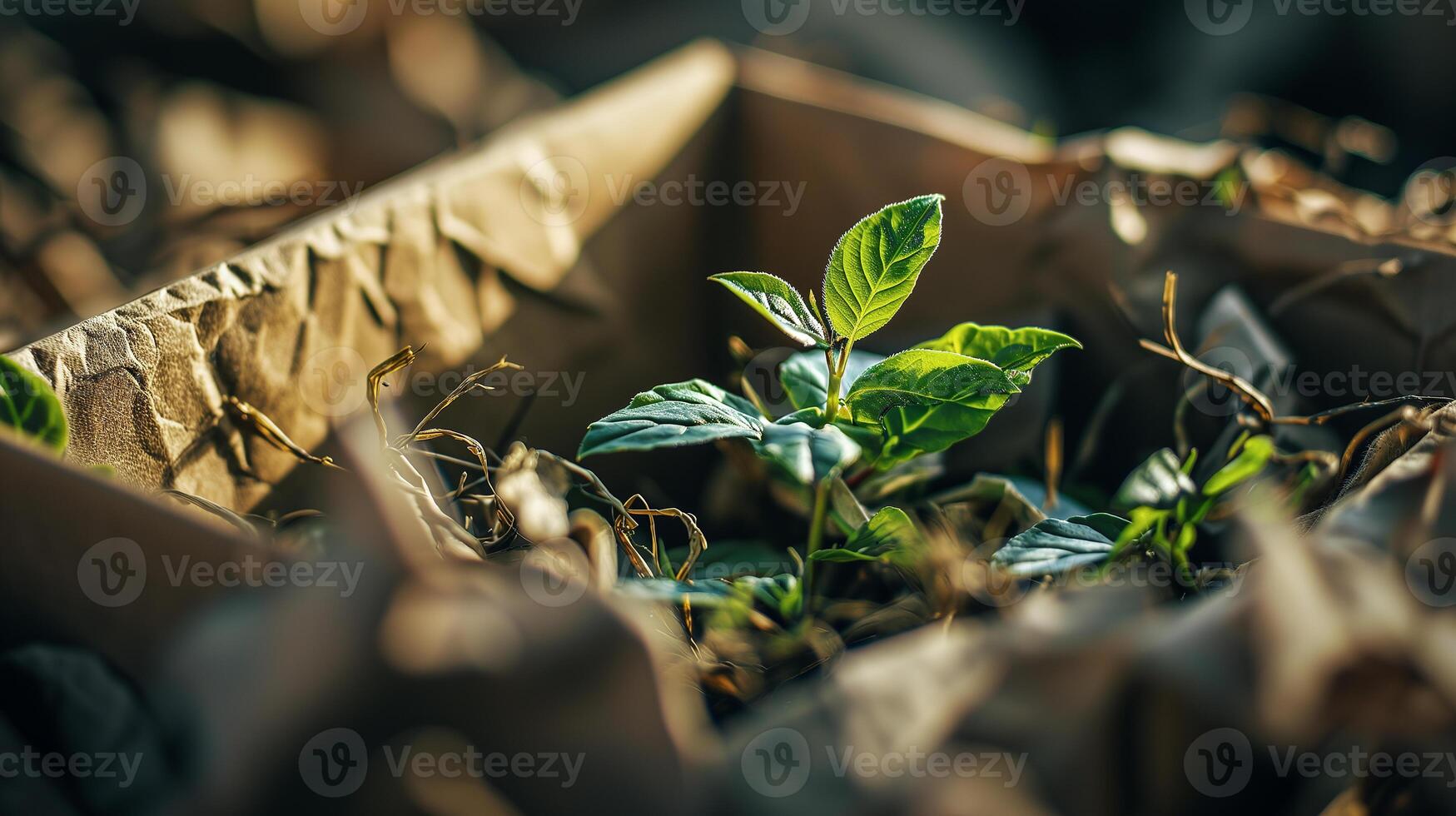 ai generato un ecologico concetto con in crescita verde foglie, giovane verde spara nel biodegradabile torba muschio pentole. eco, zero sciupare, plastica gratuito, sostenibile stile di vita, rinnovabile. bokeh foto