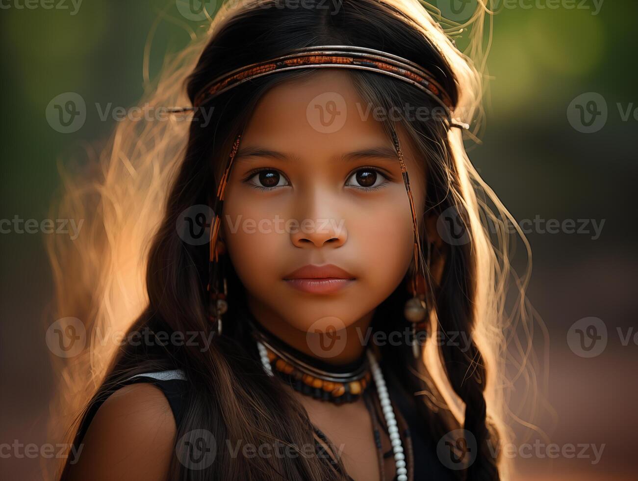 ai generato un' bellissimo ragazza a partire dal tra il indigeno persone di il guaranì etnico gruppo. avvicinamento ritratto, lato Visualizza nel il sfondo. foto