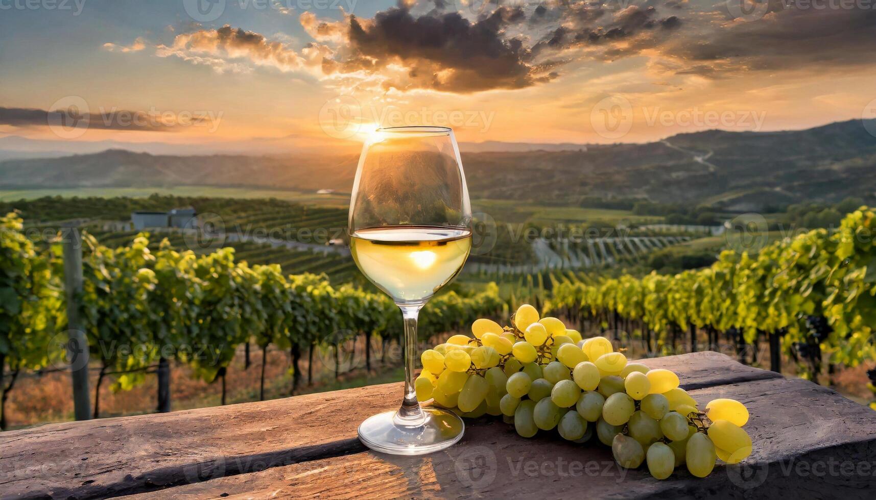 ai generato mazzo di fresco uva e bicchiere di vino su di legno tavolo, vigneto paesaggio. foto