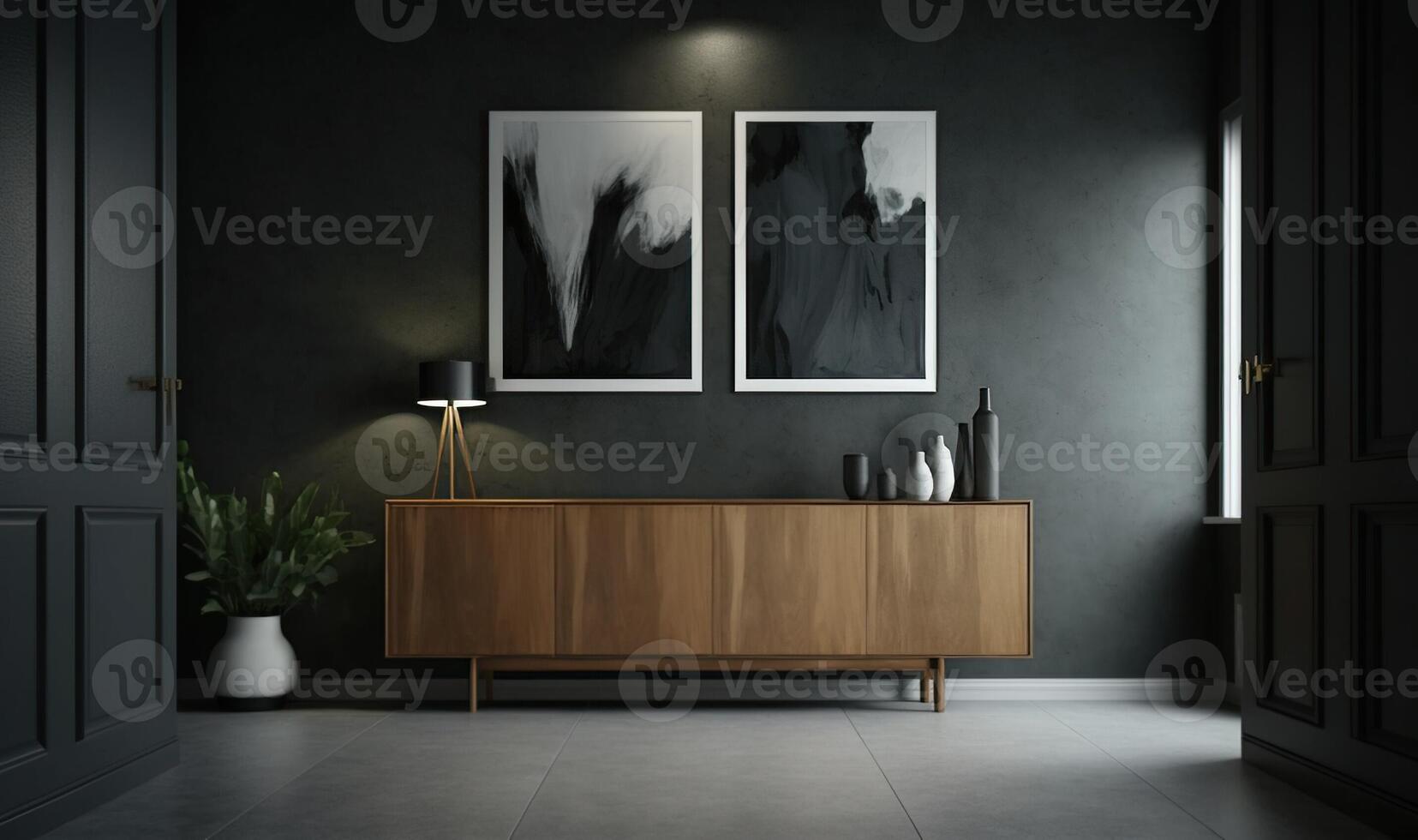 ai generato buio camera con grigio parete appartamento interno con scandinavo stile di legno mobilia e progettista credenza decorazioni foto