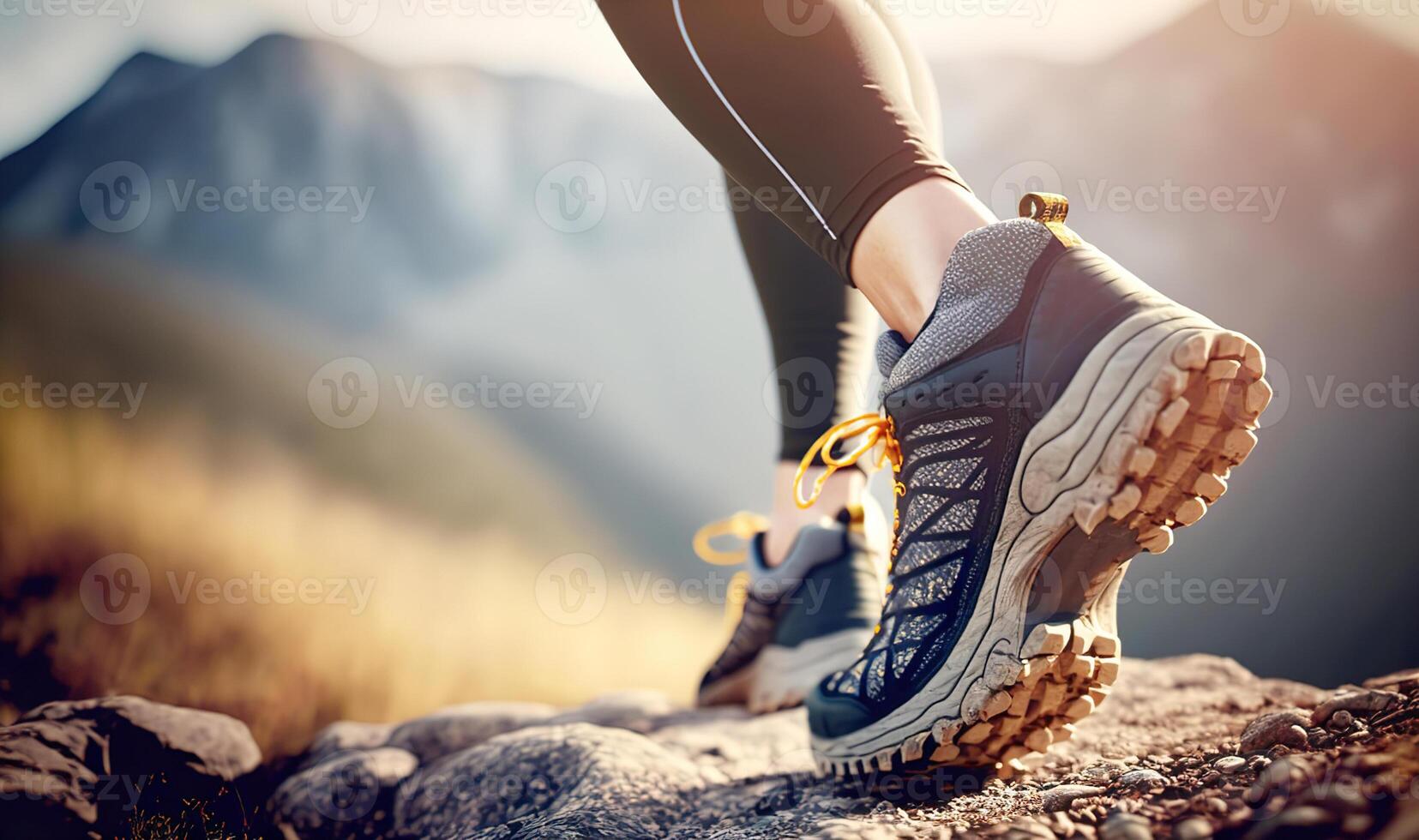 ai generato in esecuzione sneaker scarpa suola su difficile roccioso terreno su montagna sentiero durante ultra pista maratona gara, atletico uomo, allenato gambe durante allenarsi all'aperto. foto