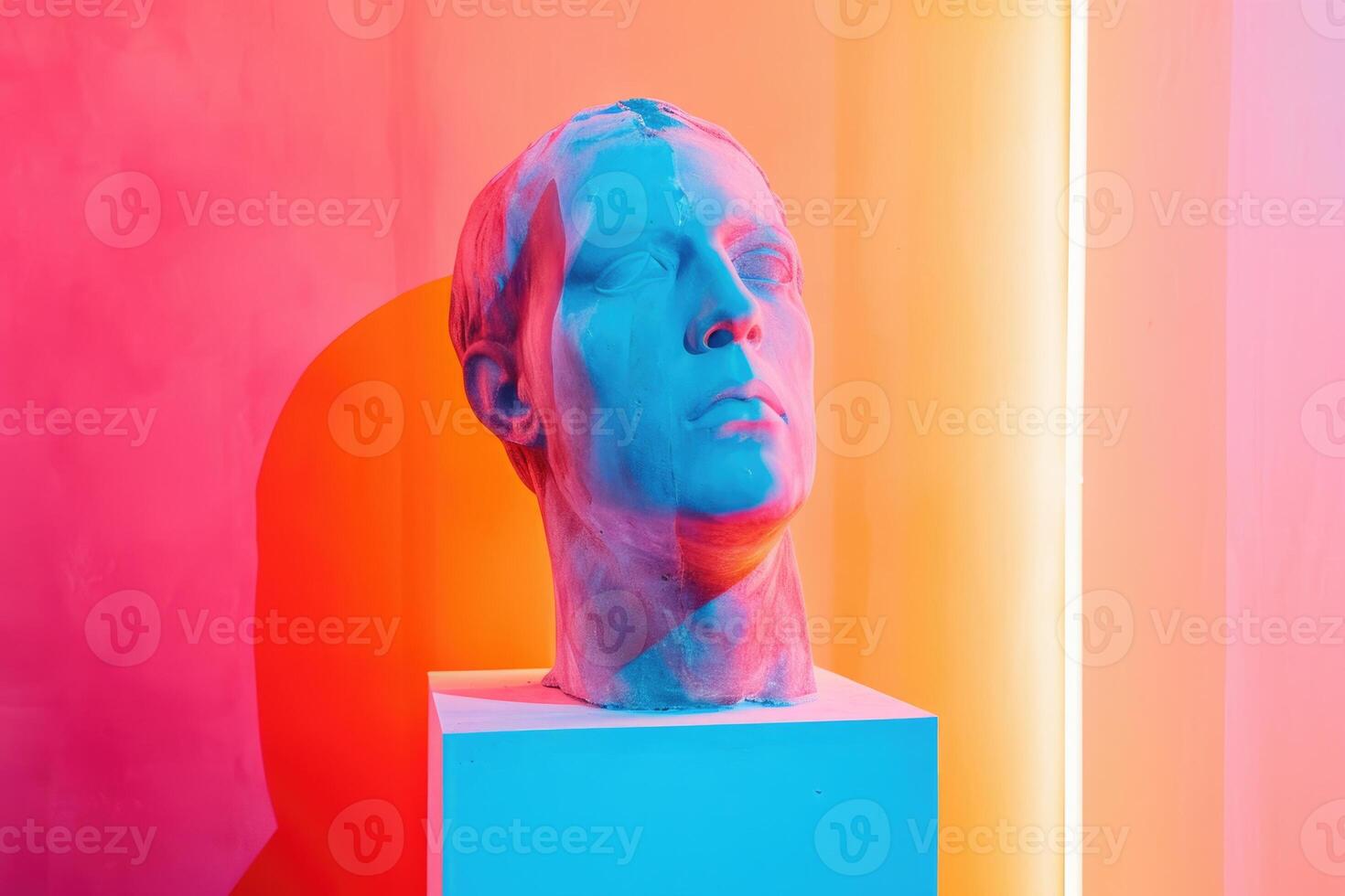 ai generato surreale Diviso collage con gesso testa su neon sfondo. foto