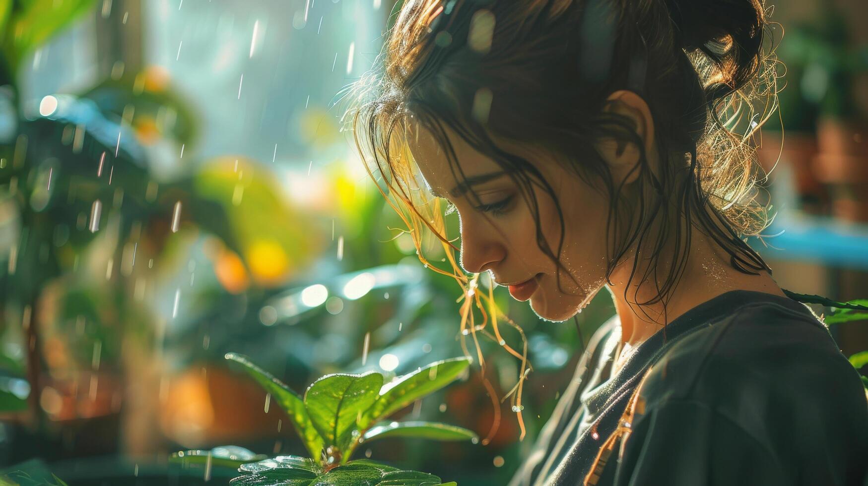 ai generato donna apprezza il calmante pioggia in mezzo vivace impianti, un' momento di connessione con della natura rinfrescante toccare foto