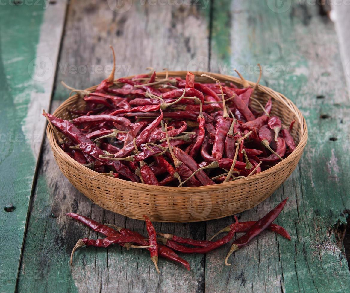 peperoncino essiccato nel cestello su legno vecchio foto