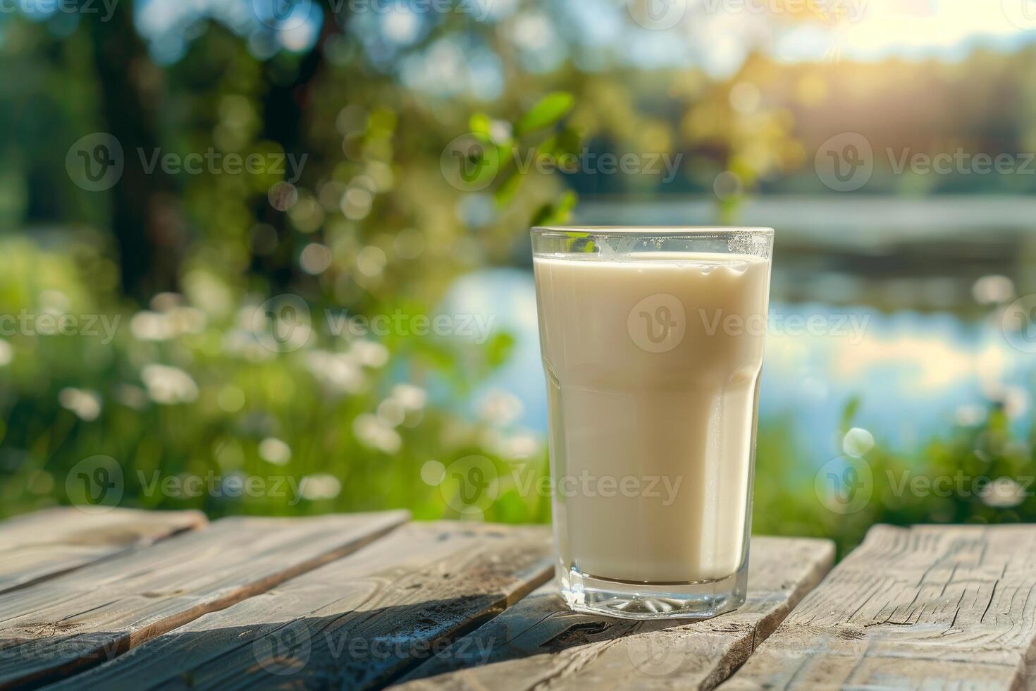 ai generato messa a fuoco un' latte bicchiere bevanda su di legno tavolo con bellissimo azienda agricola sfondo foto