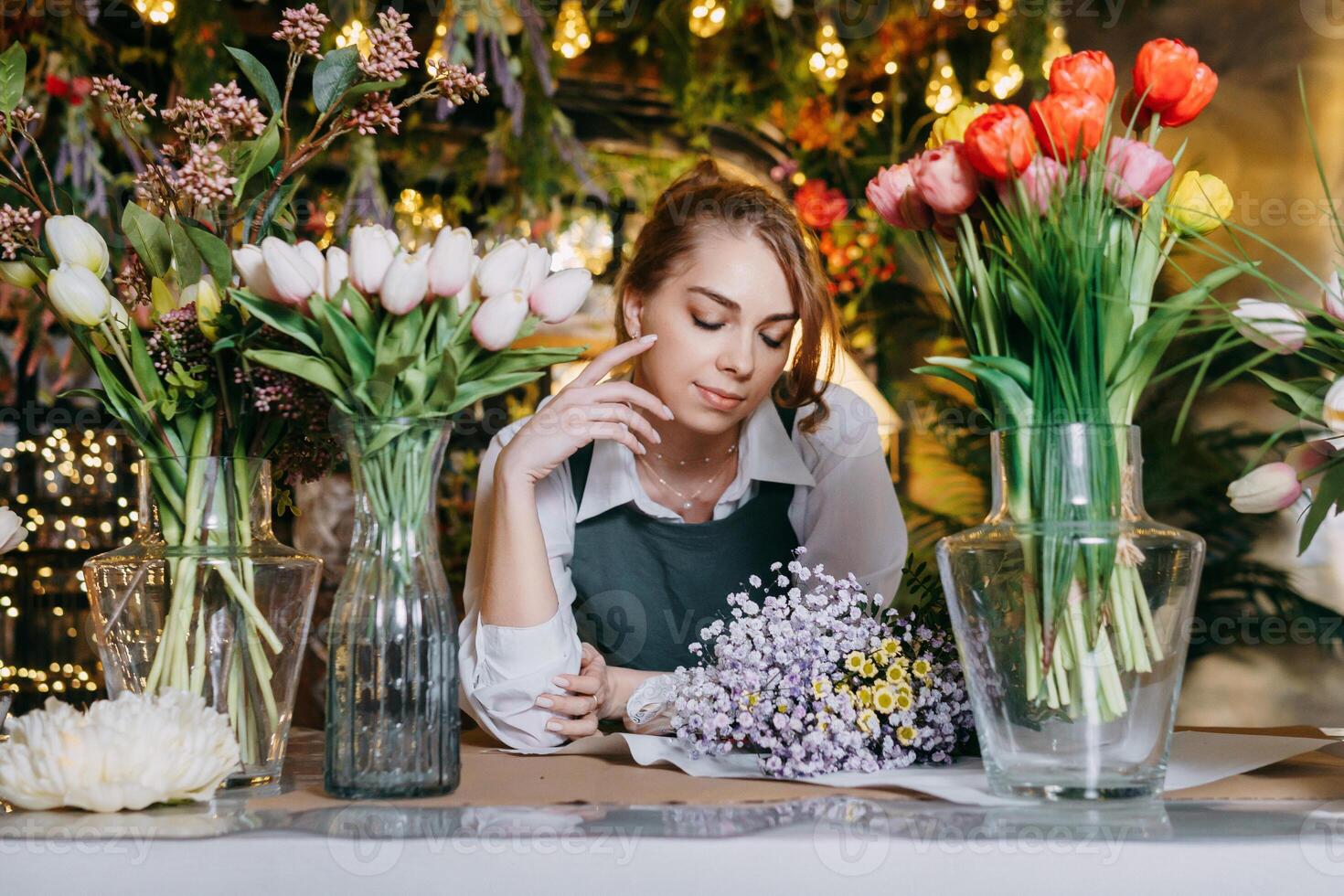 un' donna nel sua fioraio negozio raccoglie mazzi di fiori di fiori. il concetto di un' piccolo attività commerciale. mazzi di fiori di tulipani per il vacanza su marzo 8. foto