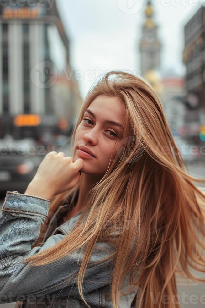 ai generato giovane bionda donna toccante sua capelli su un' occupato città strada a giorno foto