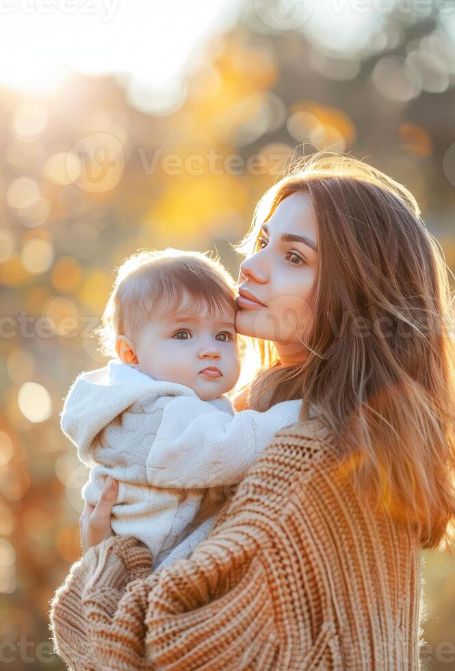 ai generato giovane madre Tenere sua bambino nel un' caldo autunno leggero a tramonto foto