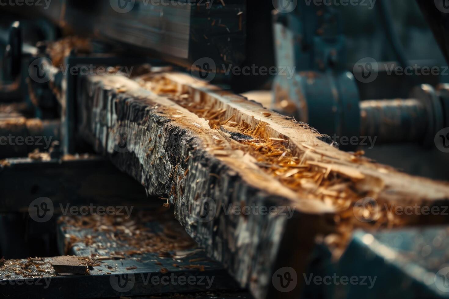 ai generato Visualizza di un' macchina operativo un' crudo pezzo di Di legno. foto