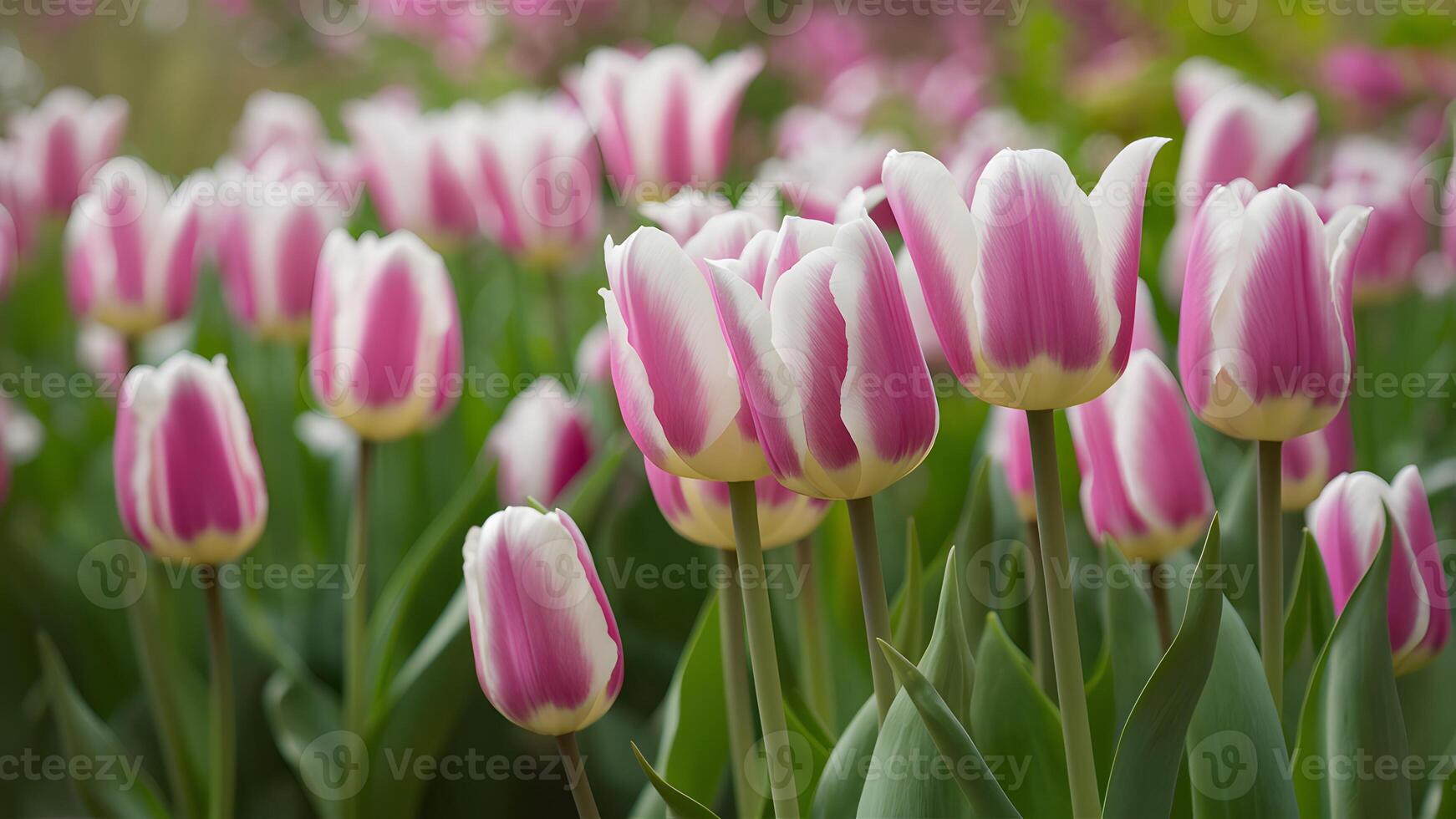 ai generato primavera sfocato sfondo con ultra viola bianca tulipani, vivace foto