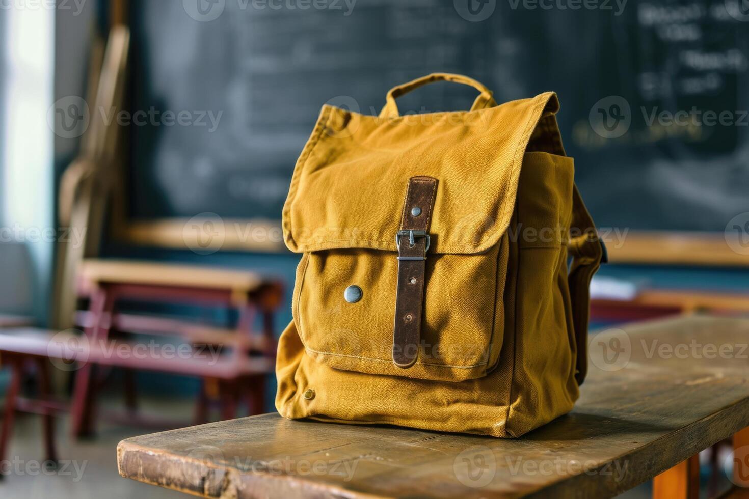 ai generato nuovo scuola Borsa su studenti scrivania nel aula foto