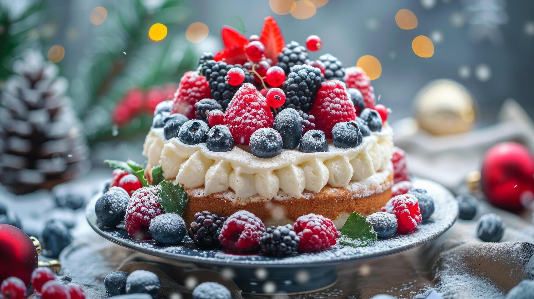 ai generato frutti di bosco, lamponi, e pino coni torta foto