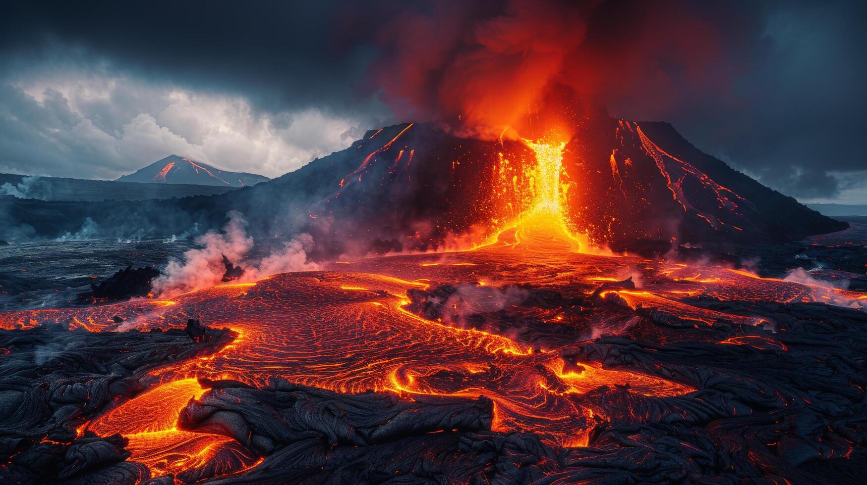 ai generato vulcano erutta lava in il aria foto