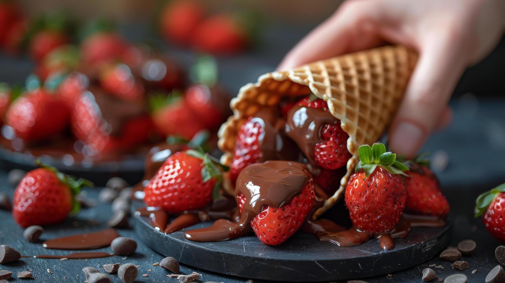 ai generato persona scavare cioccolato a partire dal cialda cono con fragole foto